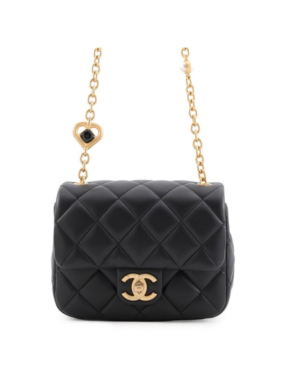 Chanel Chain Shoulder Bag Mini Quilted Diamond Heart Lambskin Black